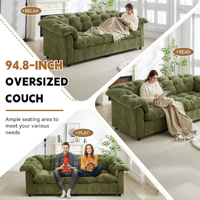 3-Seater Couch 94.8 inch Oversized Modern Comfy Tufted Chenille Fabric Cloud Fluffy Foam Deep Seat Soft Loveseat Sofa Couch for Living Room Bedroom Office Green
