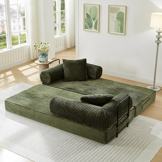 78.5W Convertible Folding Sofa Bed Corduroy Upholstered Queen Size Foam Floor Couch with Fixed-Shaped Frame Loveseat Sleeper Compression Sofa Foldable Mattress for Living Room Bedroom(Green)