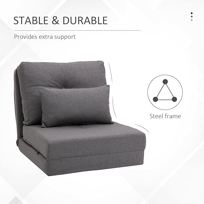 HOMCOM Convertible Flip Chair Floor Lazy Sofa Folding Upholstered Couch Bed with Adjustable Backrest Metal Frame and Pillows for Living Room Bedroom Dark Grey