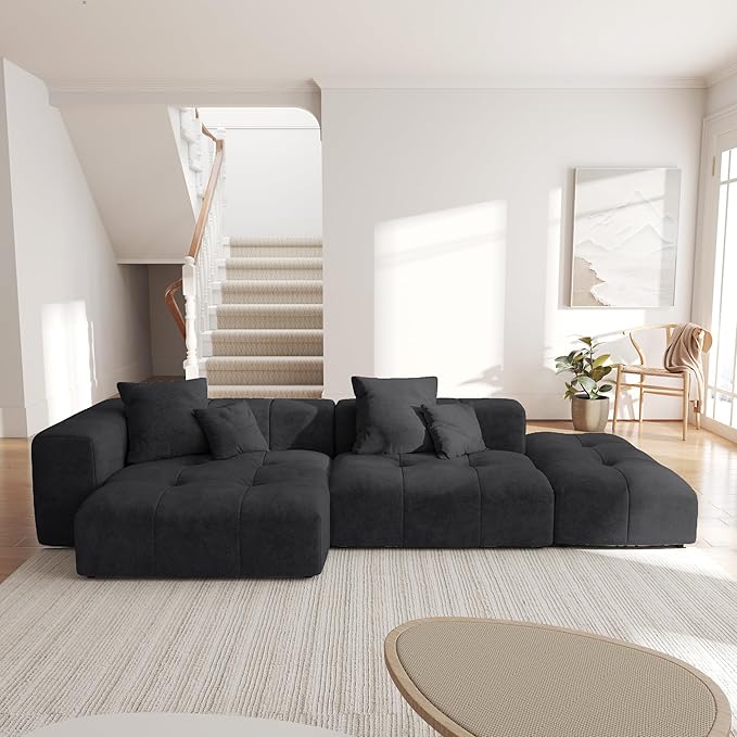 WJShome 119 L Shaped Sectional CouchModern Modular Sofa with OttomanLinen Deep Loveseat with Pillows Couches for Living Room Bedroom and ApartmentBlack