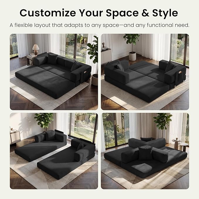 Convertible Floor Sofa Couch | 98.4’’ Folding Futon Sofa with Storage Pocket Oversized Corduroy Loveseat Sleeper Sofa with Pull Out Bed Modular Sectional Sofa for Apartment | Black