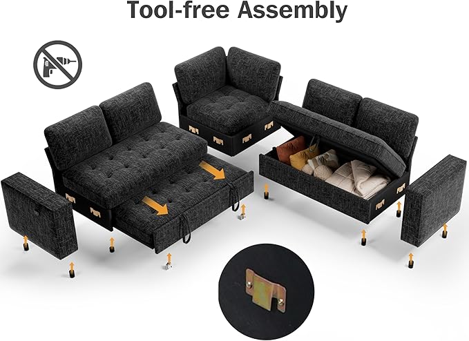 Vipbear Modular Sectional Sleeper Sofa Bed with Pull Out Bed/Reclining Backrest/USB Ports 5 Seat L Shaped Sectional Sleeper Couch Tool-Free Assembly Chenille Black