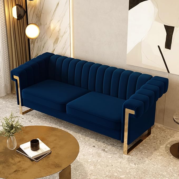 Mid-Century Modern Blue Velvet Sofa with Gold Metal Legs 83.86 Luxury Chesterfield Comfy Couches for Living Room (Velvet Blue)