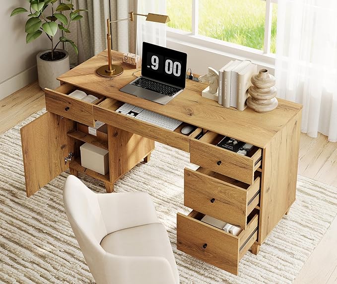 WAMPAT Desk with Drawers &amp Storage Cabinet 58 Inch Wide Wooden Home Office Desk with Charging Station Modern Large Wood Executive Computer Desk Work &amp Study Writing Desk Oak Brown