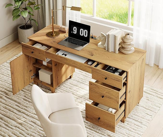 WAMPAT Desk with Drawers &amp Storage Cabinet 58 Inch Wide Wooden Home Office Desk with Charging Station Modern Large Wood Executive Computer Desk Work &amp Study Writing Desk Oak Brown