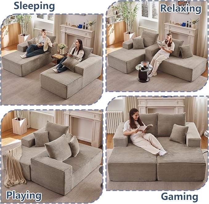 75Oversized Chaise Lounge ChairSectional Double Lounge Chaise with Pillows Upholstered Corduroy Boneless Lounge Chair Fluffy Modern Loveseat Sleeper Sofa for Living Room or Bedroom(Camel)