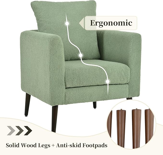 Modern Upholstered Accent Chair Mid-Century Lounge Armchair with Pillow Comfy Reading Side Accent Chairs Single Sofa Chair with Wood Legs for Living Room Bedroom (Green++Teddy)