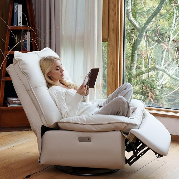 FLEXISPOT XR7 Power Swivel Recliner Chair for Adults Oversized 270° Swivel Rocker Recliner Faux Leather Electric Glider Nursery Chair w/ Side Pocket Infinite Position Living Room Nursery Beige
