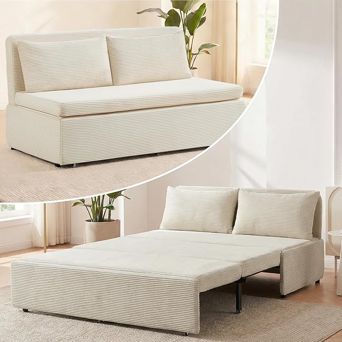 ijuicy 3 in 1 Pull Out Sofa Bed Queen Corduroy Sleeper Sofa with Pullout Bed Convertible Loveseat Couch Beds with Pillows and Tri-fold Mattress for Small Spaces Apartment-Beige