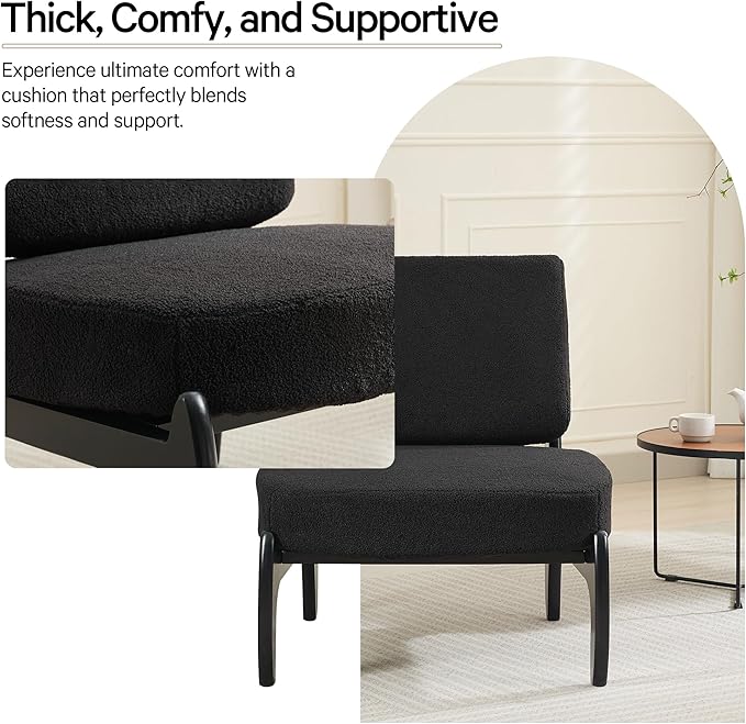 Qulomvs Modern Accent Chair Mid Century Accent Chair with Wooden Frame Upholstered Comfy Reading Chair Armless Side Sofa Chair for Living Room Bedroom (Black Teddy Fabric)