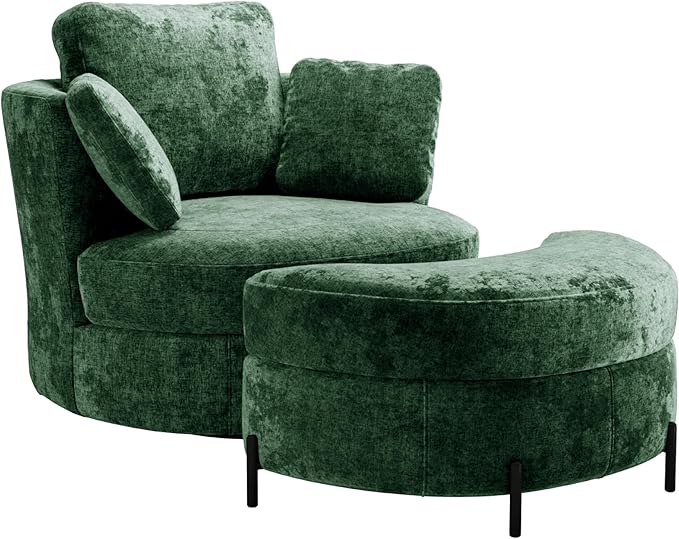 Chifee &amp Vingol Swivel Accent Chair with Ottoman 40.35 Round Swivel Chair Storage Ottoman &amp Pillows 360° Barrel Chair for Living Room Bedroom OfficeChenilleGreen