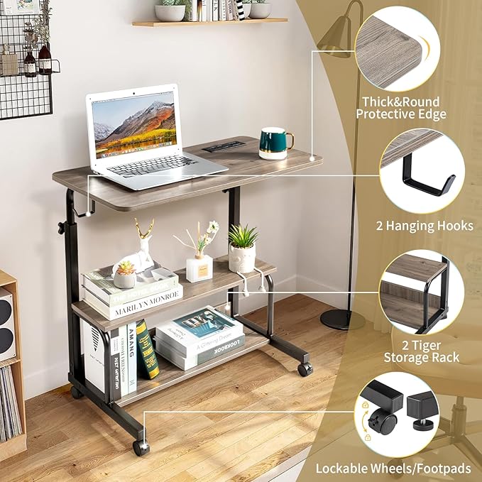 31.5'' Standing Desk Small Computer DeskSmall Office Desk for Bedroom with 3 USB + 2 AC OutletsCorner Desk for Small SpaceMini Adjustable Desk Stand Up Desk Laptop DeskPortable Rolling DeskGrey