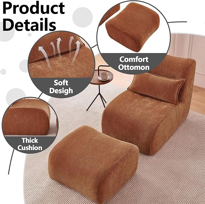 27” Oversized Lazy Sofa Chair and Ottoman Set Chaise Lounge Chair Indoor with Pillows Comfy Reading couch for Adults Suitable for Living Room Small Spaces Memory Foam Chenille (Orange-2)