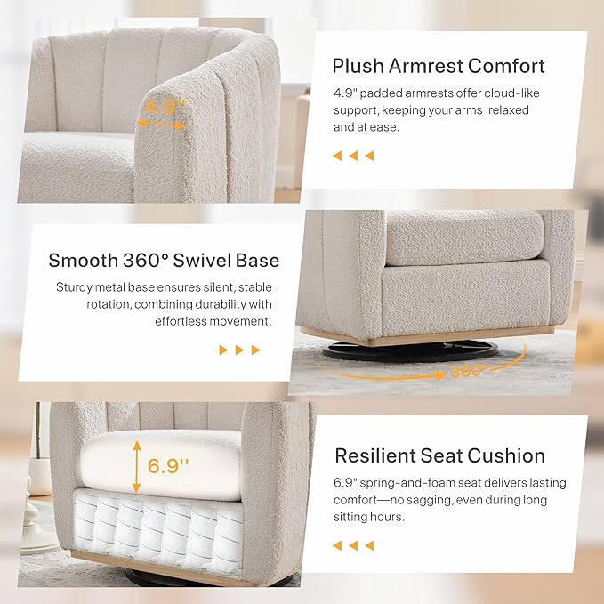Velvet Swivel Accent Chairs Set of 2 32.3 W Modern Upholstered Pumpkin Barrel Chairs Single Sofa Armchair for Living Room Ivory 2.