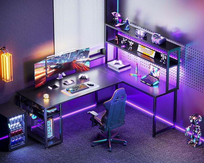 ODK 61 L Shaped Gaming Desk with Hutch &amp Headphone Hook Corner Computer Table with Storage Shelves for Home Office Black