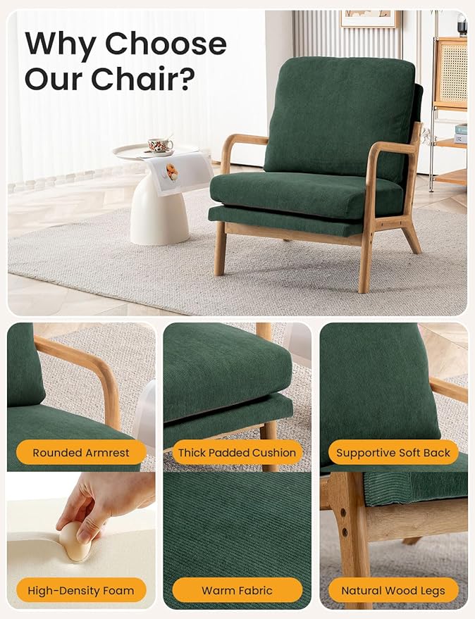 Mid Century Modern Accent Chairs for Living Room 23” Wide Comfy Chair for Bedroom Small Cozy Corduroy Reading Chairs for Adults 108° Lounge Arm Chair Indoor with Detachable Cover 5.5 Foam Cushion