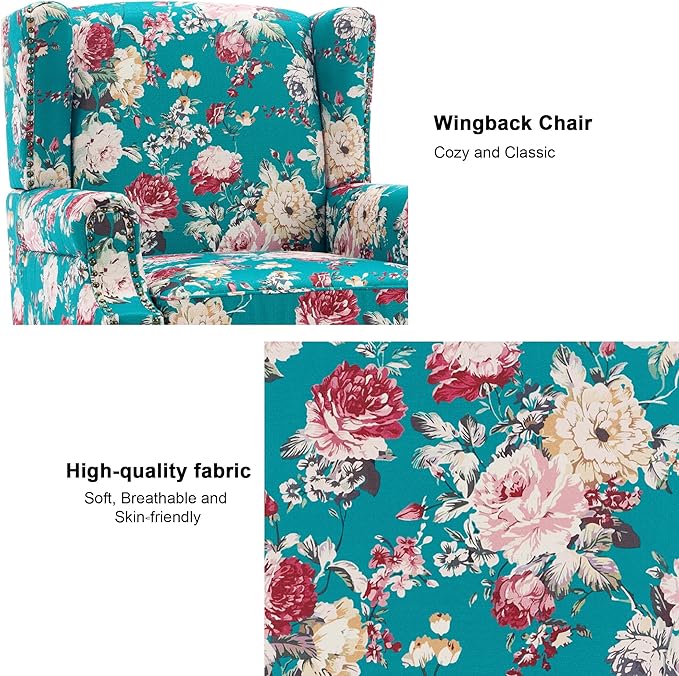 Floral High Back Accent Chair Upholstered Armchair with Solid Wood Legs Comfy Wingback Reading Single Sofa Chair for Small Spaces Living Room Bedroom(Floral Peacock Blue Set of 2)