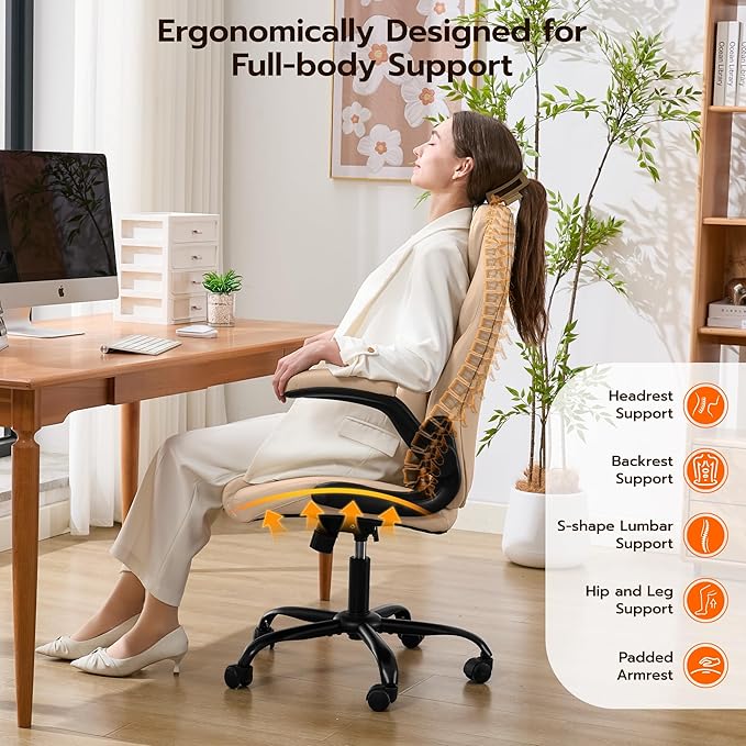 Office Desk Chair Ergonomic Computer Chair with Padded Flip-Up Arms and Adjustable Lumbar Support PU Leather Executive Chair with Tilt Lock and 360° Swivel Rolling Wheels for Work Study