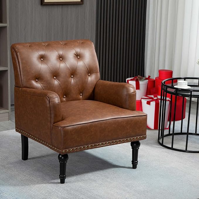 MOJAY Faux Leather Accent Chair Mid-Century Armchair Living Room Sofa Chair with Rubber Wood Leg Club Chair with Rivet Trim for Bedroom Reading Room Reception (Brown)
