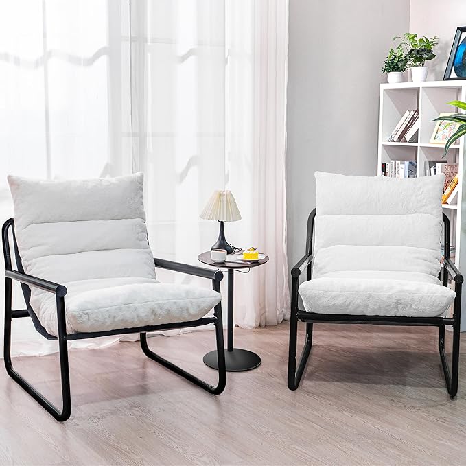 Accent Chair with Arms Living Room Chair with Cushion Comfy Chairs Padded Patio Leisure Lounge Chair Sturdy Comfy for Reading Nook &amp Bedroom 200Lbs Capacity(White 1-2)