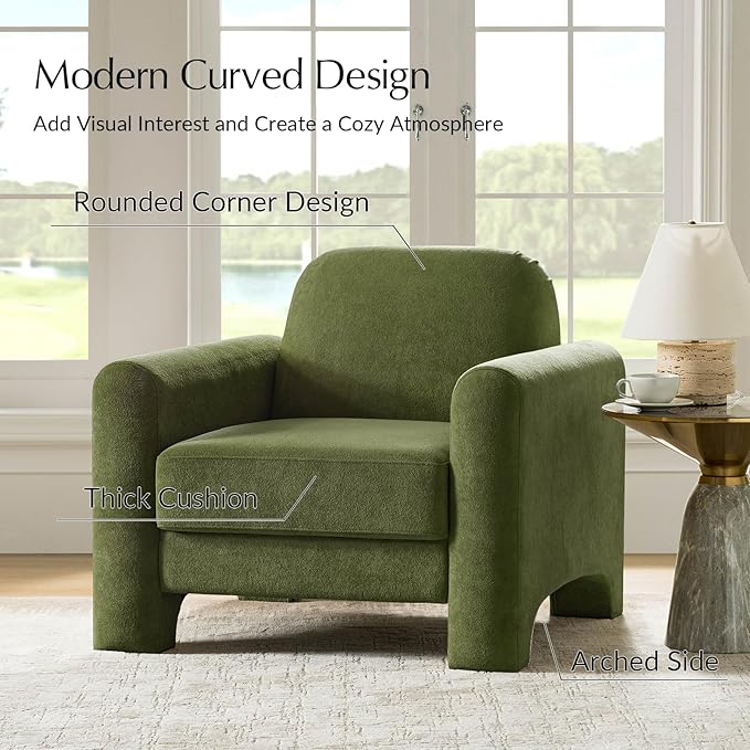 HULALA HOME Modern Curved Accent Club Chairs Set of 2 Chenille Armchair Upholstered Sofa Chairs with Wrapped Armrests Comfy Reading Armchair for Living Room Easy Assembly Olive