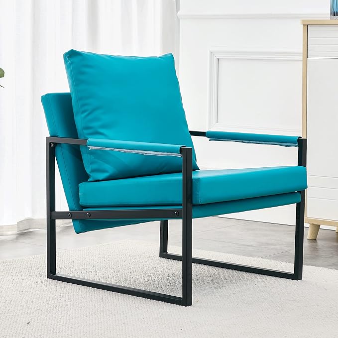 PU Leather Accent Arm Chair Mid Century Modern Upholstered Armchair with Metal Frame Extra-Thick Padded Backrest and Seat Cushion Sofa Chairs for Living Room (Cyan PU Leather + Metal + Foam)