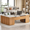 LITTLE TREE 87-Inch Modern Executive Desk with File Cabinet Large Home Office Desk with Drawers 3-Drawer Wooden File Cabinet Spacious Workstation for Home Office (White &amp Brown)