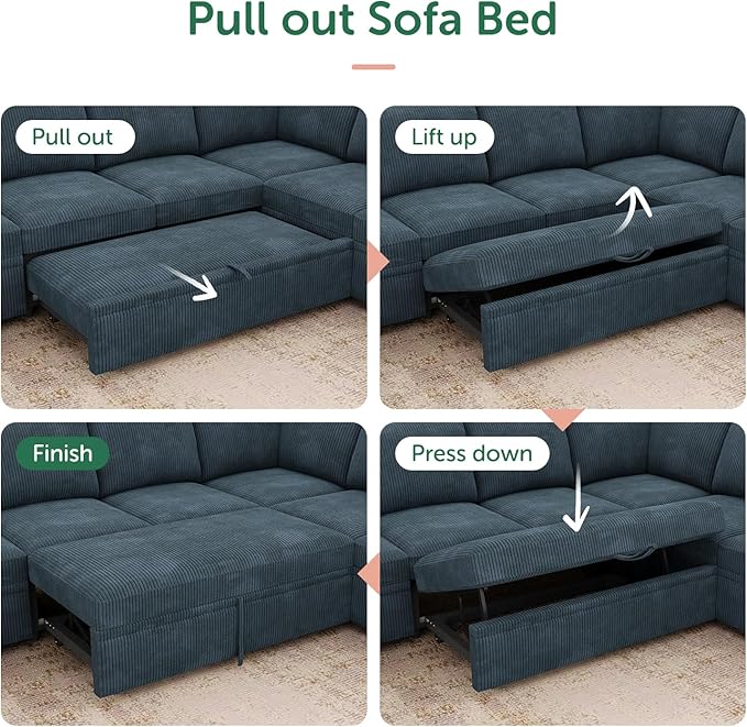 HONBAY Modular Sectional Sleeper Couch with Pull Out Bed Corduroy L Shaped Sofa with Storage Convertible Sectional Couches for Living Room Blue