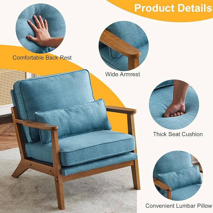 Karl home Accent Chair Wide Armrest Mid-Century Lounge Chair Linen Fabric Armchair with Lumbar Pillow &amp Solid Wood Frame for Living Room Bedroom Balcony Cyan-Blue