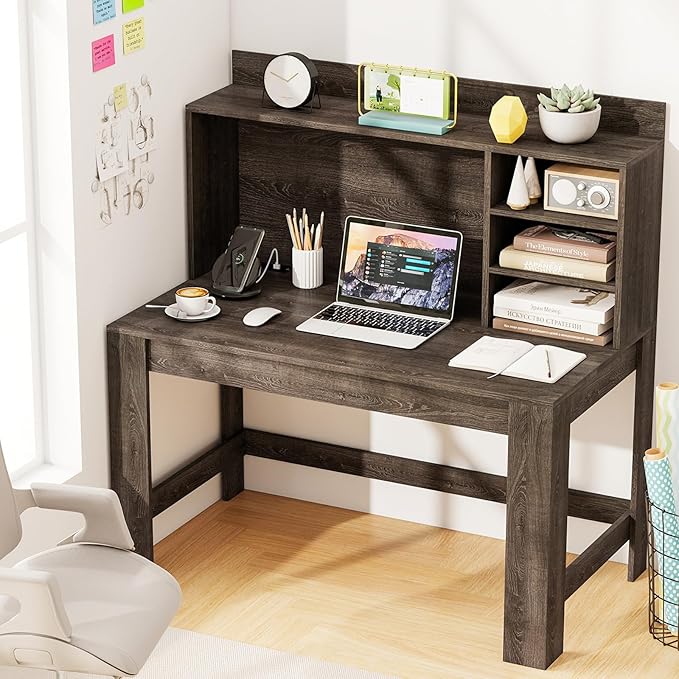 Tangkula Computer Desk with Hutch &amp Charging Station Home Office Writing Study Desk with Storage Shelves Cable Management Hole Laptop Desk Desk for Bedroom Computer Workstation (Gray Oak)