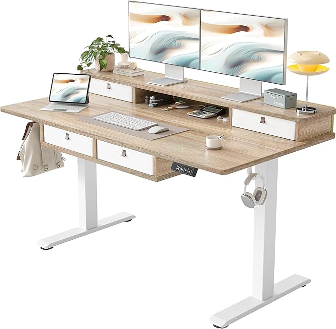 TIQLAB 55 * 28 Inch Standing Desk with Four Drawers Electric Sit Stand Table Stand Up Desk Adjustable Height with Storage Shelf Splice Board Maple