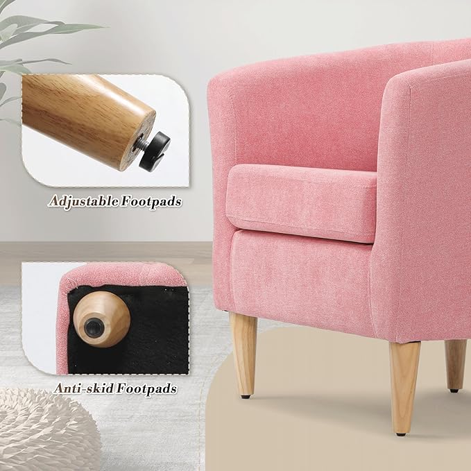 Athena Collection Modern Accent Chair with Ottoman Linen Barrel Sofa Chair Comfy Upholstered Armchair Reading Chair with Thickened Seat Cushion for Bedroom Living Room Pink