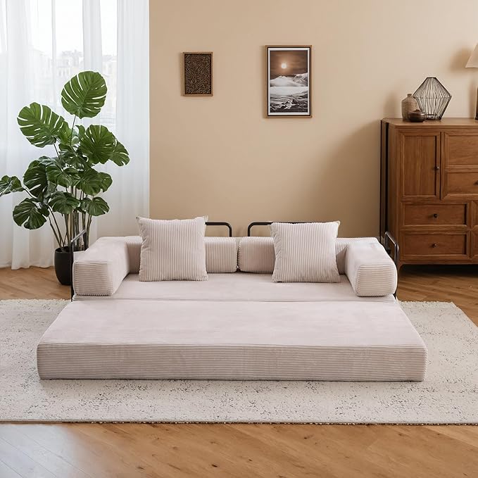 Convertible Couch Sofa Bed Foldable Floor Sleeper | Modern Fold Out Couch | Removable Backrest &amp Armrests | No Assembly Compression Sofa Sleeper for Living Room Bedroom | Corduroy Fabric Beige