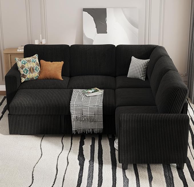 KKL Sleeper Sofa with Pull Out Bed Corduroy Sectional Couches for Living Room Modular Sectional Sofa with Storage L Shaped Sectional Sleeper Sofa Couch Black