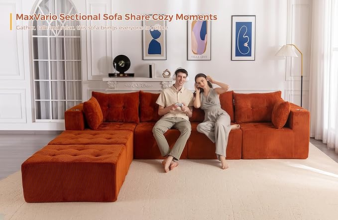MAXYOYO 129.5 Modular Sectional Sofa Couch U Shaped Modern Cloud Couch with 2 Ottomans Sofa in A Box Tufted 6-Seat Boneless Sleeper Chair for Living Room No Assembly Required Orange