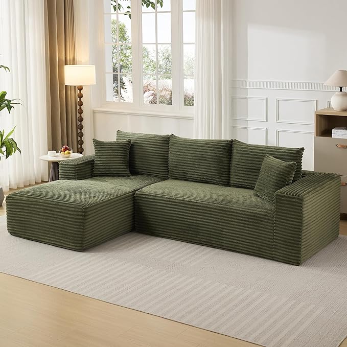 108 Cloud Sectional Couch with L-Shape Chaise Modern Modular Sofa with Deep Seat Boneless Cloud Couches for Living Room Bedroom No Assembly Required Plush Corduroy (Green Left Facing Chaise)