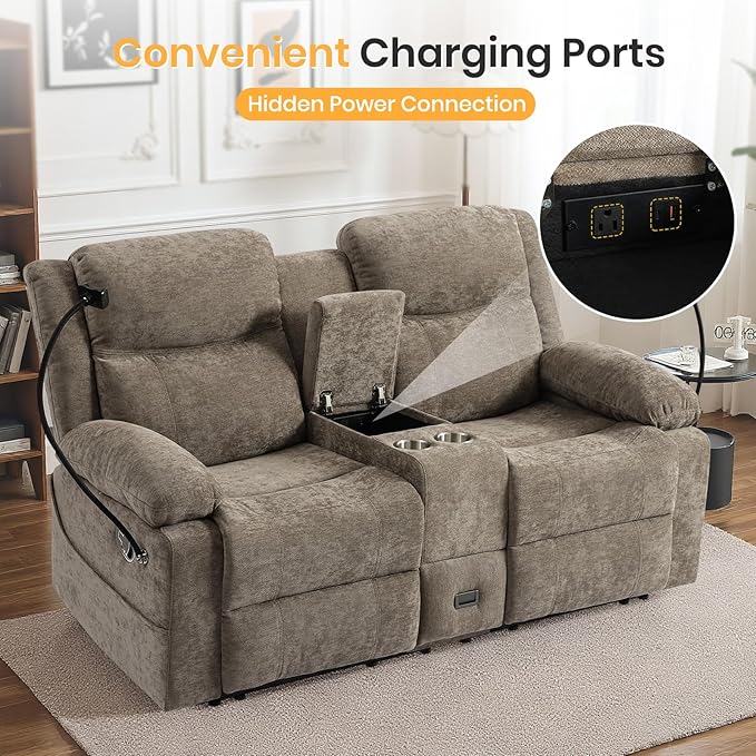 Loveseat Recliner Sofa Reclining Loveseat with Console RV Wall Hugger Double Loveseat Recliner Couch for Living Room &amp Home Theater (Chenille-Camel)