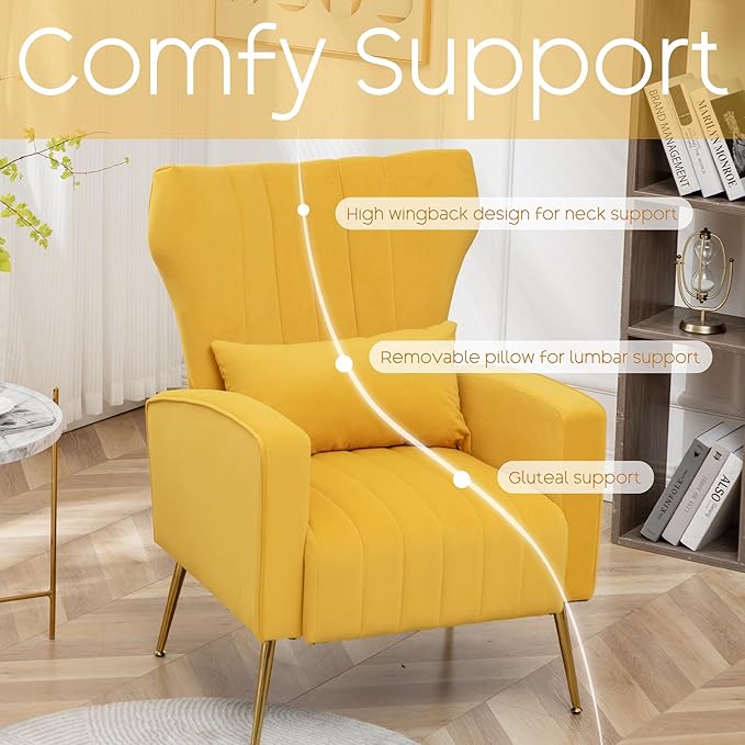 Modern Accent Chairs Set of 2 Comfy Wingback Armchair with Pillow Upholstered Sofa Chair Reading Chair for Bedroom Living Room Small Spaces Yellow Velvet