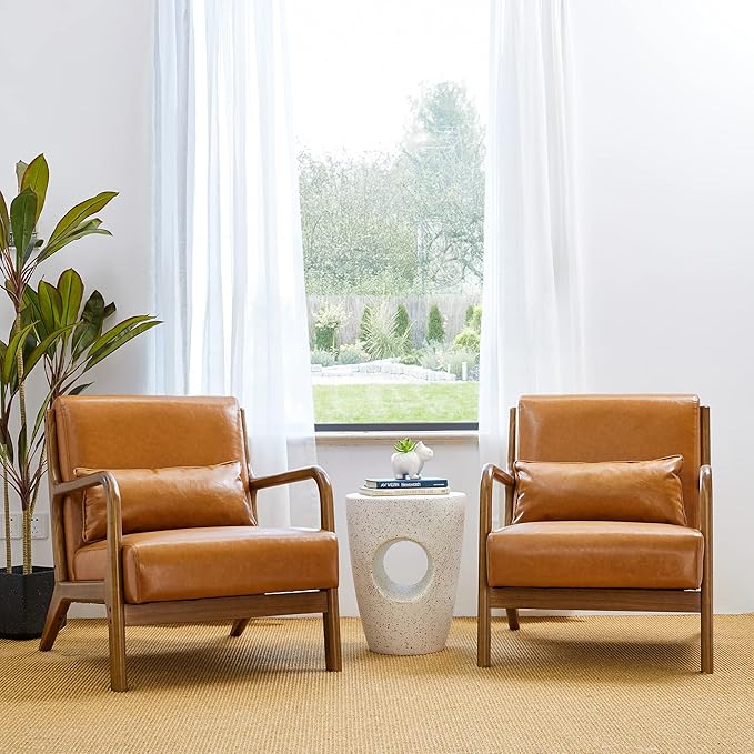 Glitzhome 2 Set Mid Century Yellowish Brown Accent Armchair Single Reading Armchair PU Leather Lounge Chair with Walnut Ruberwood Frame