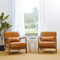 Glitzhome 2 Set Mid Century Yellowish Brown Accent Armchair Single Reading Armchair PU Leather Lounge Chair with Walnut Ruberwood Frame