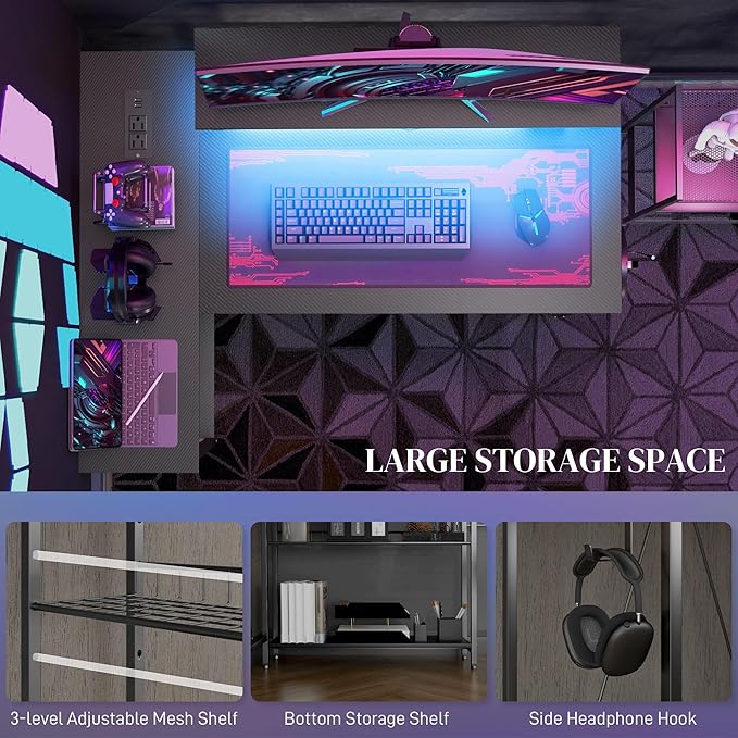 42 L Shaped Desk with LED Lights Power Outlet USB Charging Ports Reversible L Shaped Computer Desk with Storage Shelves Monitor Stand Corner Gaming Desk for Home Office Black