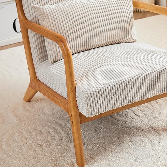 Mid-Century Modern Accent Chair with Throw Pillow Upholstered Fabric Armchair Solid Wood Frame Reading Chair for Living RoomBedroomReadingBalcony (Beige &amp Brown)