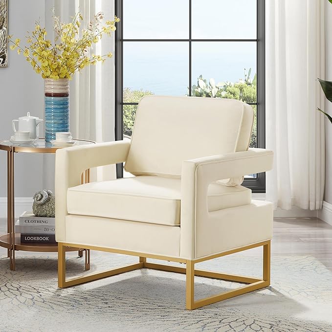 Accent Chair Modern Velvet Upholstered Leisure Chair Sofa Chair Style Accent Chair with Gold Metal Base for Living Room/Bedroom/Study/Home Office (Cream)