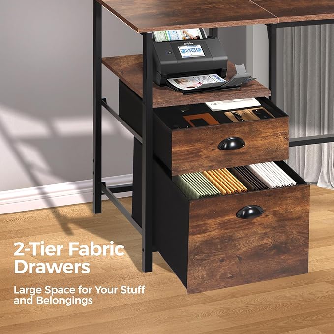 Panana 61.4 Computer Desk with Power Outlet and LED Lights Desk with 2 Fabric File Cabinet Drawer Large Reversible Gaming Desk with Shelves and Monitor Stand Writing Study Desk for Home Office