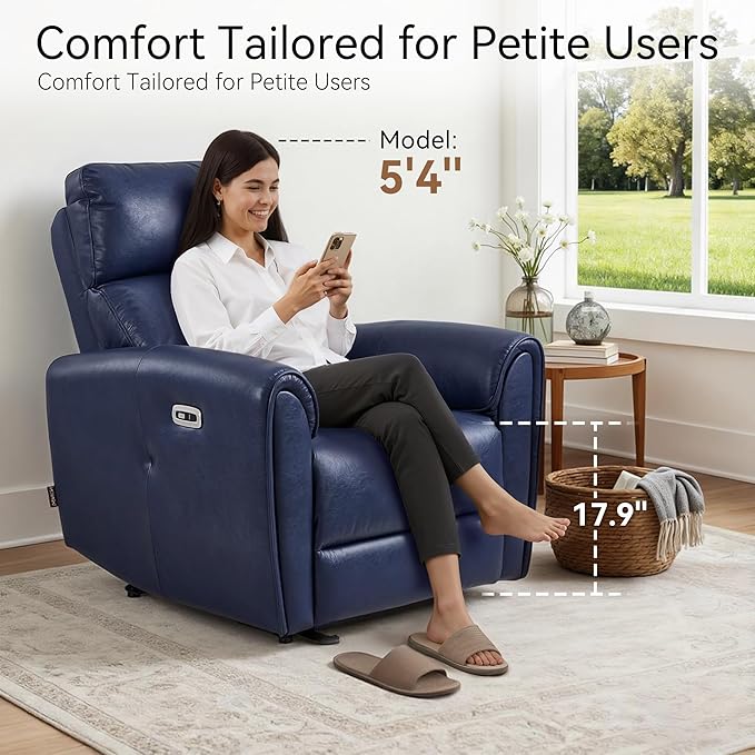 MCombo Power Small Recliners for Small Spaces Living Room RVs Modern Style Zero Wall Hugger Recliners Chair with Lumbar Support USB&ampCharging Ports FSC Certified Faux Leather PR699 (Navy Blue