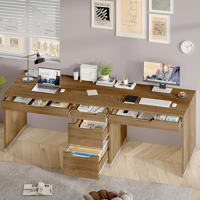 Two Person Desk with 5 Drawers Double Desk with Storage for 2 People 78 Inch Extra Long Computer Desk Workstation with File Drawer for Home Office Brown