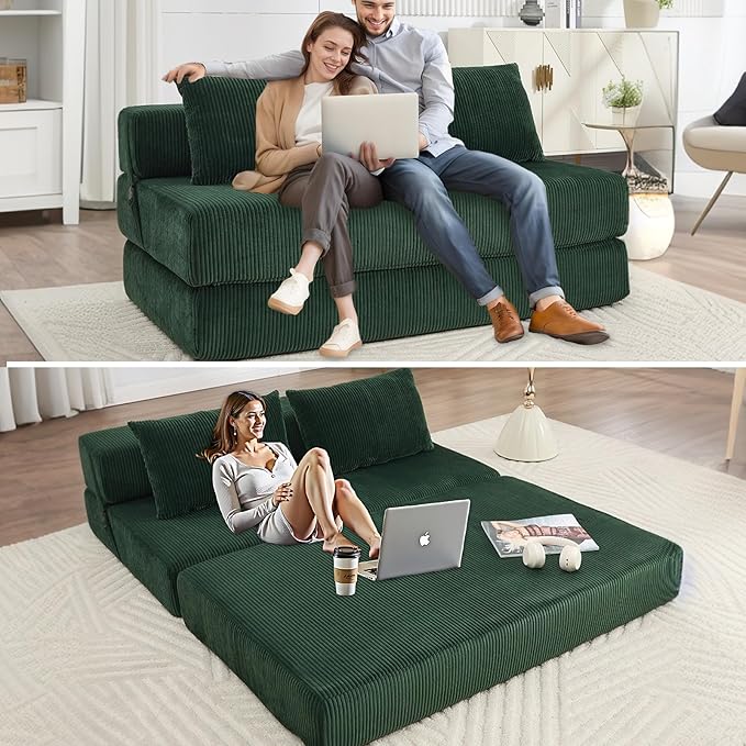 55 Convertible Folding Sofa Bed with 2 Pillows Corduroy Foldable Sleeper Sofa for Adult Floor Couch Bed for Living Room Bedroom No Assembly (Green)
