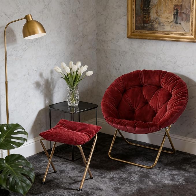 Magshion Folding Saucer Chair for Adults with Ottoman Circle Reading Chair for Bedroom Living Room &amp Dorm Furry Comfy Accent Seat with Metal Leg &amp Thick Padded for Small Spaces (Burgundy 1