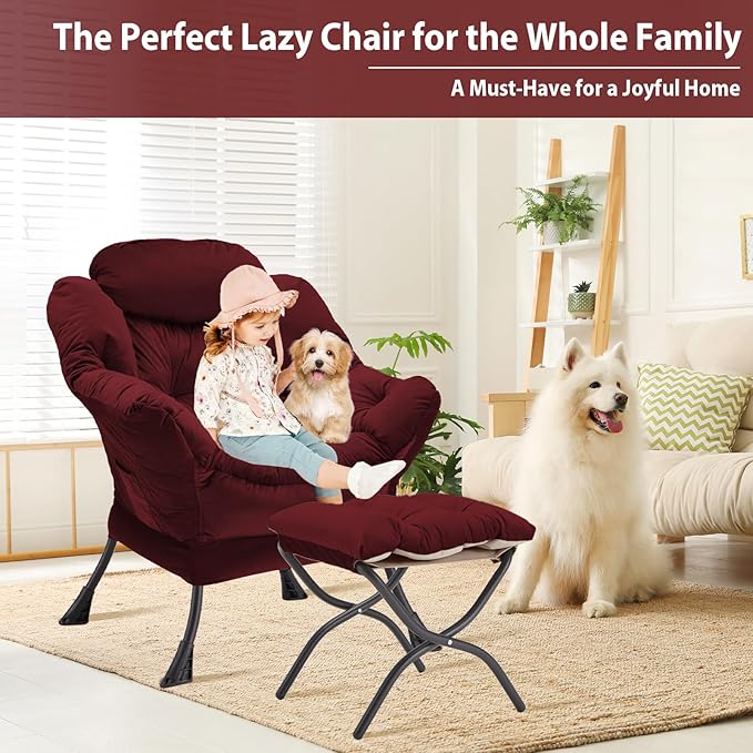 Lazy Chair with Folding Ottoman Accent Chair Velvet Upholstered with Metal Structure and Non-Slip Pads Sofa Armchair with Footrest and Side Storage Bag for Dorm Room Office Burgundy