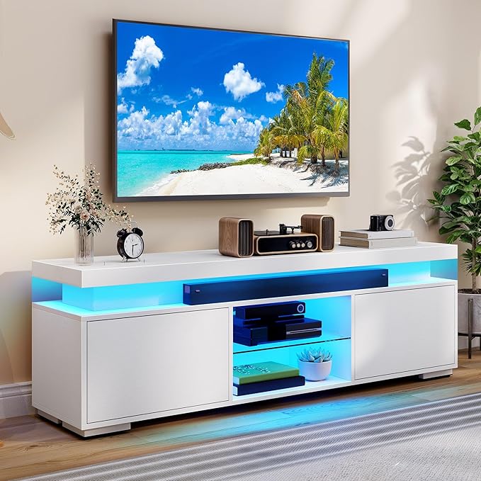 DWVO White Modern TV Stand with LED Lights and Power Outlet Modern Entertainment Center for 55/60/65 Inch Media Console Table TV Cabinet with Storage Universal TV Stand for Living RoomWhite